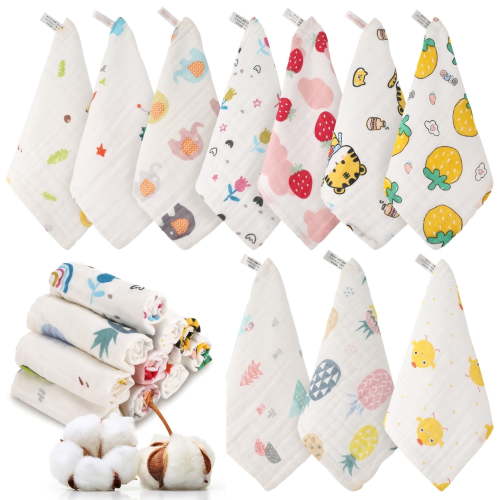 KABOER 10 Pcs 10 Pack Baby Muslin Washcloths Cotton Wipes 6 Layer Soft Absorbent Face Towel for Newborn Baby and Toddlers 10" x 10"