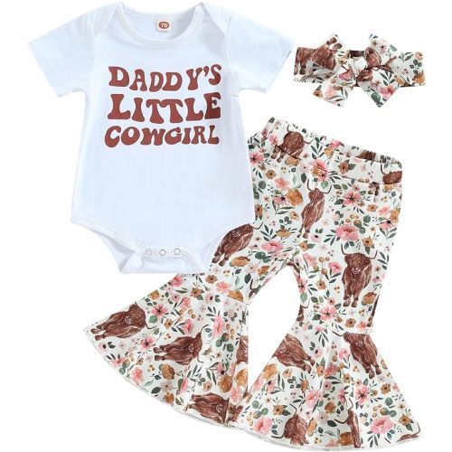 Lamuusaa Western Baby Girl Clothes Short Sleeve Romper Cow Print Flared Pants Bell Bottoms Headband 3Pcs Summer Outfit