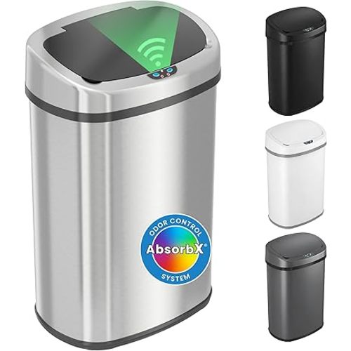 iTouchless Patented 13 G Stainless Steel Sensor Trash Can | AbsorbX Filter