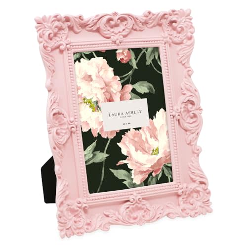 Laura Ashley 4x6 Pink Ornate Textured Hand-Crafted Resin Picture Frame with Easel & Hook for Tabletop & Wall Display, Decorative Floral Design Home Décor, Photo Gallery, Art, More (4x6, Pink)