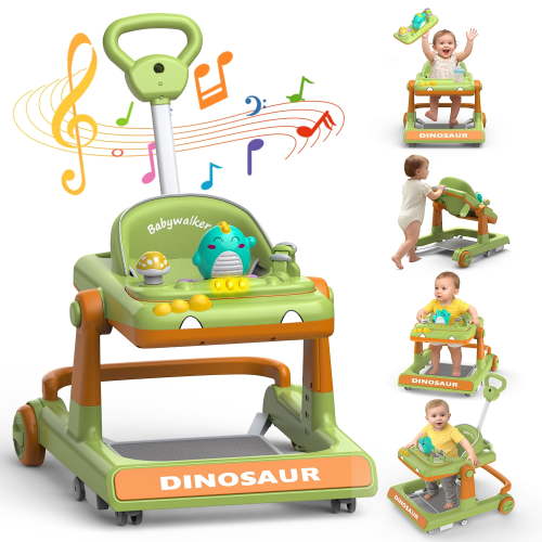 WonderStone Baby Walker, Adjustable Seat and Height, Music & Light, Dinosaur Walkers and Activity Center for Boys and Girls 6-24Months (Green)