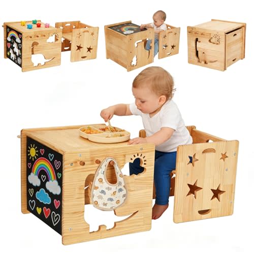 Montessori Weaning Table and Chair Set for Toddlers Age 1-3,with Blackboard | Flip Stool to Adjust Height,Storage Hooks,Puzzle Storage Boards, Natural Wood,CPC Certification,for Dining,Painting,Reading