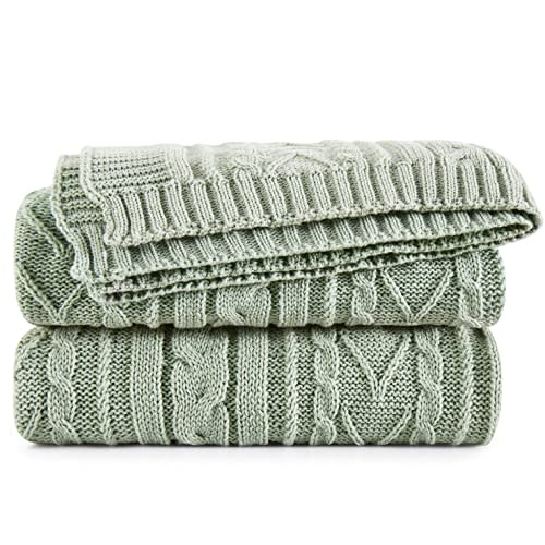 Aormenzy Sage Green Cable Knit Throw Blanket, 50" x 60" | Acrylic Knitted Blanket, Soft Cozy, Throw Blankets, For Couch Bed Sofa