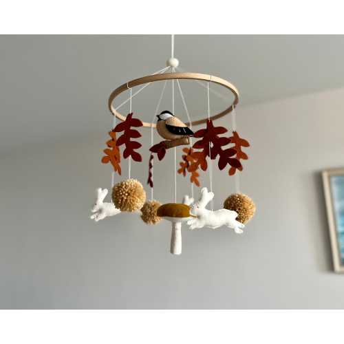 Felt Bunny Baby Mobile: Woodland Nursery Decor with Chickadee