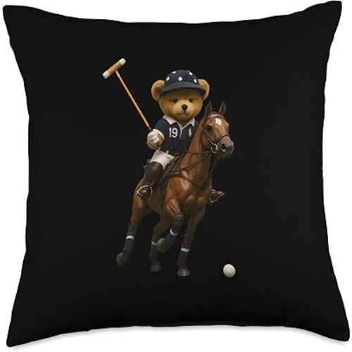 Cool Teddy Bear Playing Horse Polo Game Illustration Graphic Throw Pillow