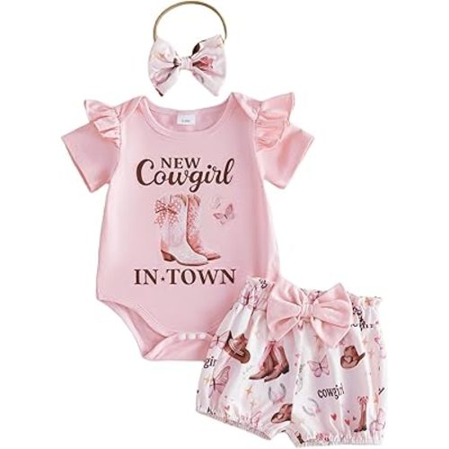 Baby Girl Western Clothes Infant Horse Boots Cowgirl Summer Outfits Short Sleeve Romper + Shorts + Headband