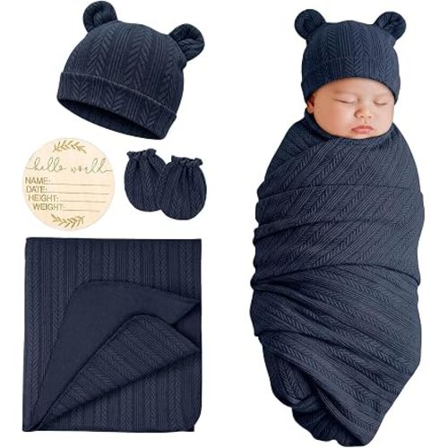 DRESHOW BQUBO Newborn Receiving Blankets for Baby Girl Boy Swaddle with Bear Hat No Scratch Mittens Announcement Card Set for 0-3 Months