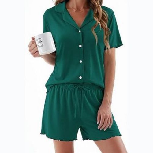 Ekouaer Womens Pajama Sets Button Up Pjs Shorts Sets Soft Sleepwear 2 Piece Lounge Sets for Bridal Parties Postpartum Lake Green M