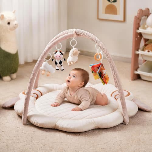 SULIFEEL Plush Baby Activity Play Gym Tummy Time Mat with 5 Sensory Toys | Extra thick playmat for infants, machine washable, non-slip, 0-18 months, setup in min, design for hard floor, shower gift