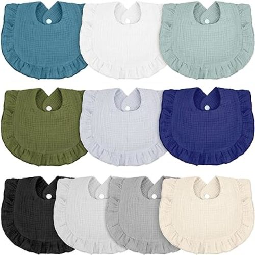10 Pcs Baby Muslin Bibs for Unisex Girls & Boys Drool Bibs Bandana Ruffle Soft Cotton for Newborn Infants Toddlers(Cool Colors)