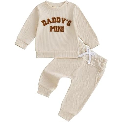 Kupretty Toddler Baby Boy Waffle Knit Sweatshirt Pullover Tops Casual Pants Outfit Set Fall Winter, Clothes, Embroidery