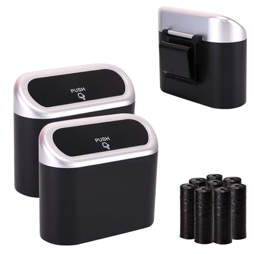 Ginsco Mini Car Trash Can with Lid, Small Car Garbage Can, Cute Leakproof ABS Car Trash Bin, Car Accessories for Interior, Garbage Bin for Car, Home, Office with 120pcs Trash Bags Black/Silver