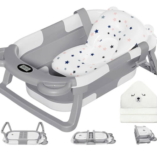 MoreFeel Collapsible Baby Bathtub for Newborn with Thermometer & 1 Hooded Towel & 1 Soft Floating Cushion,Portable Travel Bathtub with Drain Hole, Durable Foldable Baby Tubs for Infants to Toddler