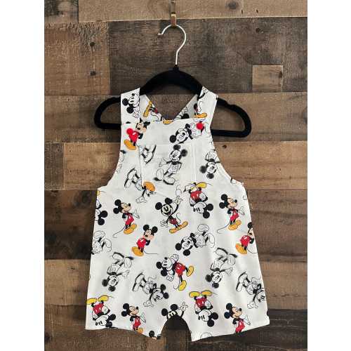 Mickey Through the Years Overall Short Romper- Denim Look made with licensed Disney Fabric.