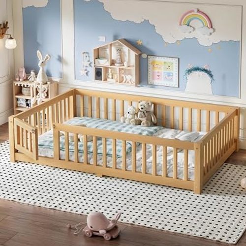 Full Size Montessori Floor Bed Frame with Slats and Fence for Kids,Natural