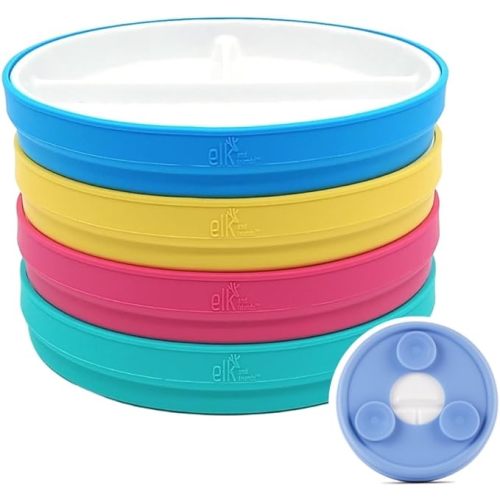 Elk and Friends Kids 6.7” Porcelain Divided Plates with Silicone Suction Sleeves | Suitable for Babies/Kids/Toddlers | Microwave & Dishwasher Safe | Non Slip | Snack Dishes | 4 Pack