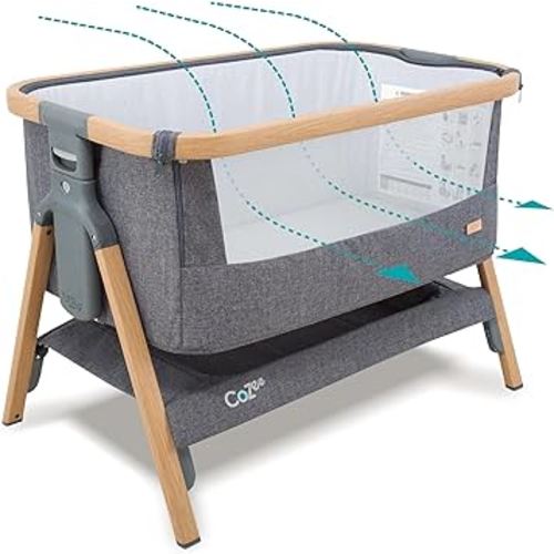 Tutti Bambini CoZee® 2-in-1 Baby Bassinet & Bedside Sleeper - Fast-Folding Bedside Bassinet, Baby Crib with 6 Mattress Heights & Breathable Mesh Window, Mattress Included, 0-6 Months (Oak & Charcoal)