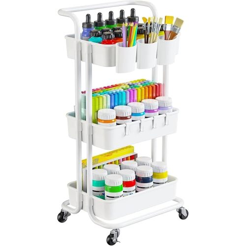 Pipishell 3 Tier Rolling Cart - Art & Craft Organizer Cart with Hanging Cups & Hooks - White Metal Storage Carts with Wheels Perfect for Craft Room, Office, Kitchen, Bedroom, Bathroom, Laundry Room