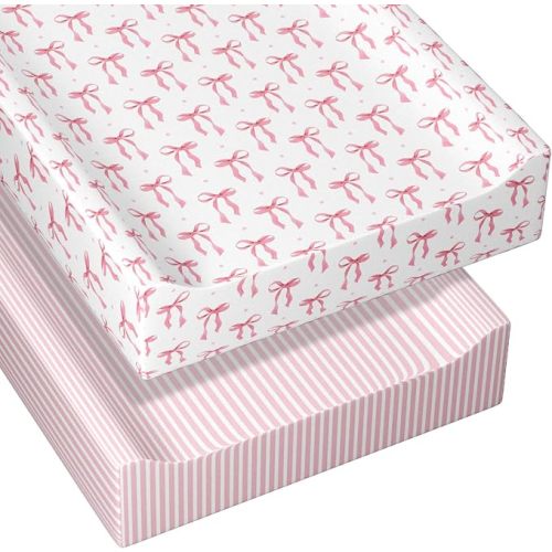 Peryiter 2 Pack Pink Baby Changing Pad Covers Crib Sheets for Girls Pink Bow Changing Pad Covers 32" x 16" Coquette Quilted Cotton Fitted Diaper Sheet Breathable Extra Thick Sheets for Girls