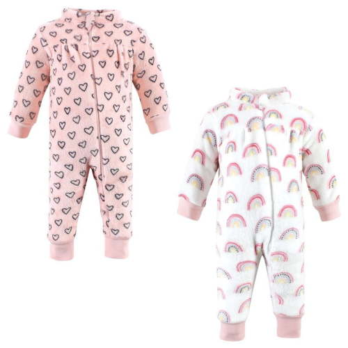 Hudson Baby Infant Girl Plush Jumpsuits, Modern Rainbow, 9-12 Months