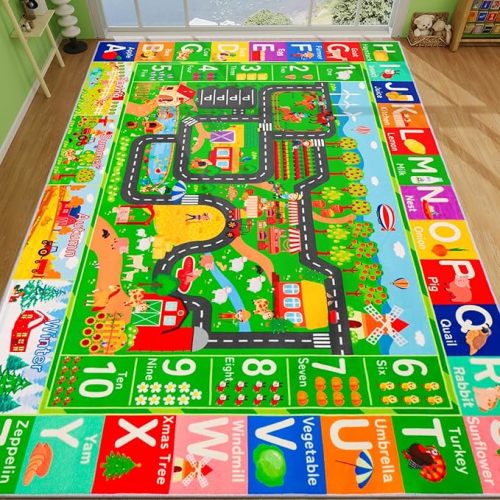 Kids Rugs for Toy Cars Playroom 78.7"×59" ABC Farm Life Road Traffic Kids Car Road Rugs Village Map Play Mat for Toddlers Boys Room Family Tummy Time Playtime Learning Carpet