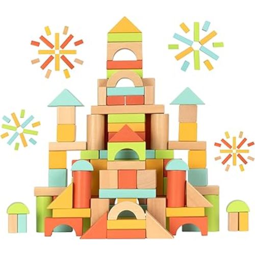 100pcs Wooden Blocks for Toddlers 1-3, Building Blocks for Toddlers 1-3, Wooden Block for Baby Shower with Storage Bucket, Montessori Toys for Preschool Girls and Boys