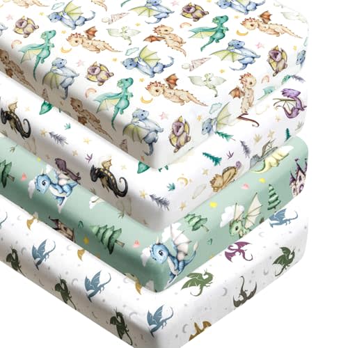 4 Pack Dragon Crib Sheets Neutral Unisex Fitted Nursery Baby Sheet Set Toddler Mattress Newborn Bedding Sheets for Baby Boys or Girls (Crib)