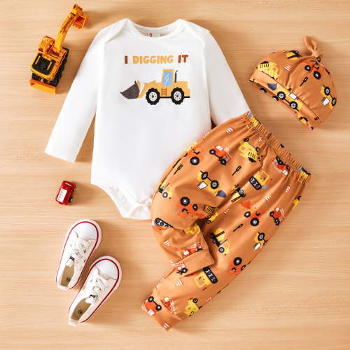 PatPat Baby Boy Outfit Set Long Sleeve Bodysuit and Pants with Excavator Print Hat Orange 0-18 Months