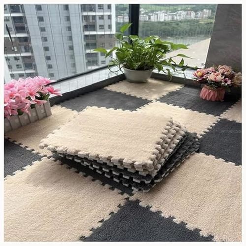 24Pcs Plush Foam Floor Mat Square Interlocking Carpet Tiles 12X12 Inch Puzzle Piece Carpet Squares Thick Fluffy Foam Floor Tiles Carpet for Parlor Bedroom (Lightbrown+Gray)