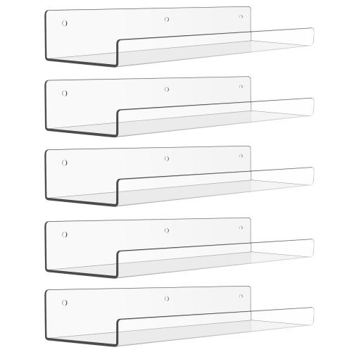 15" Acrylic Floating Shelves Wall Mounted, Upsimples 5pack Clear Acrylic Shelves, for Bedroom, Living Room, Bathroom, Kitchen