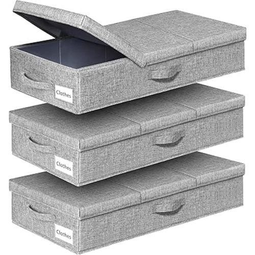punemi Under Bed Storage Containers, Large Underbed Storage Bags with Firm Sides, Lid and 3 Handles, Flat Storage Organizer for Blankets, Clothes, Comforters, Toys and Closet, 31.1 x 15.7 x 6 in