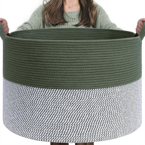 INDRSSME Large Laundry Storage Basket, 21.7 x13. 8 - Decorative Rope Blanket Basket for Organizing Bedroom, Living Room, Nursery, Toy Storage for Colthes Towel, Empty Gift Baskets -Green