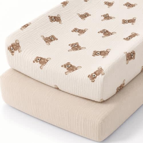 Organic Cotton Muslin Changing Pad Covers 32x16 for Baby Girl Boy Nursery | 2 Pack Ultra Soft Breathable Full Elastic Baby Fitted Sheets Fits Standard Rectangular Pads Neutral Bear Shower Gift Registry
