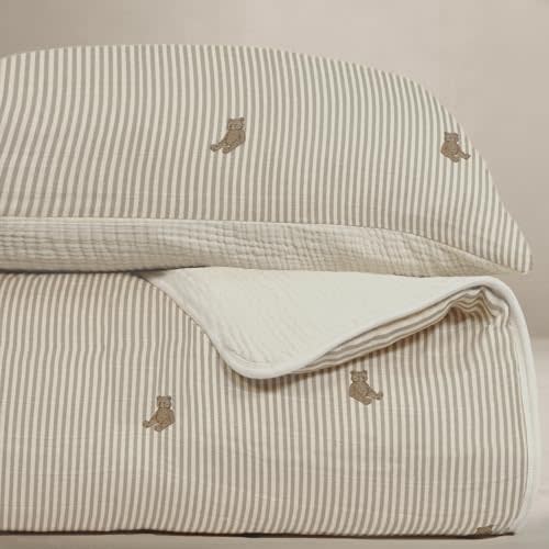 Oilo Bear Crib Bedding Set, 5-Layer Organic Cotton Muslin Crib Quilt & Sham, Teddy Bear Nursery, Toddler Comforter 45x60, Reversible, Neutral
