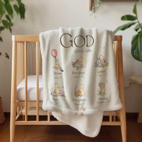 Christian Nursery Decor, Winnie The Pooh Blanket, God Says I AM Religious Affirmation, Inspirational Scripture Print, Baptism Baby Blanket