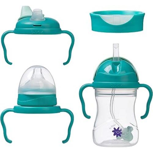 b.box + Lansinoh Time to Sip Starter Cup Set (3m+ to Toddler) | 1 Cup with 4 Lids – Nipple, Spout, Weighted Straw, Training | BPA-Free, Dishwasher Safe, Easy-Grip | 8 Ounces | Tropical Sea