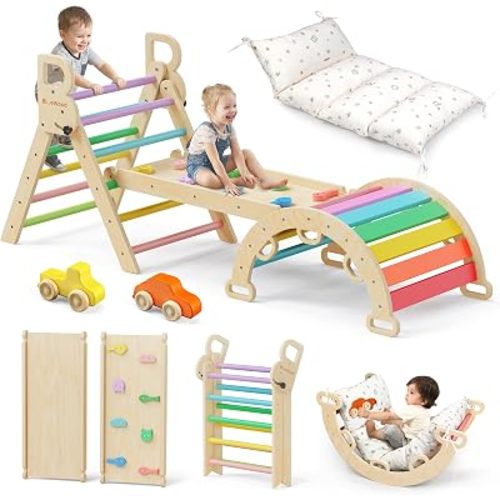 Pikler Triangle Set with Cushion, Wooden Climbing Toys for Toddler