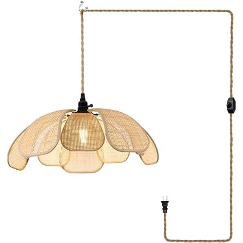 Boho Flower Chandeliers for Dining Room Farmhouse Rattan Pendant Lights Girl Chandelier Hand Woven Bedroom Light Fixture Dimmable Plug in Hanging Lamp for Kitchen Island