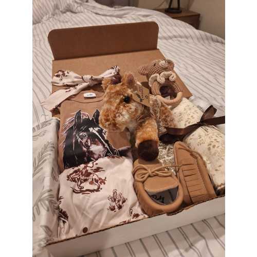 Horse Baby Gift Box, Onesie Outfit, Stuffed Animal & baby blanket