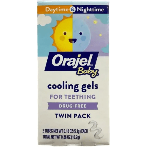 Orajel Baby Stage 1, Ages 0+ Daytime & Nighttime Cooling Gels for Teething, Drug-Free, No Benzocaine, Belladonna, or Dyes, Travel Size Twin Pack, 2 Tubes, 0.18 oz Each (0.36 oz Total) (Pack of 4)