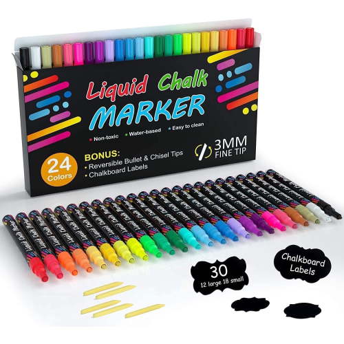 Shuttle Art Chalk Markers, 24 Vibrant Colors Liquid Chalk Markers Pens for Chalkboards, Windows, Glass, Cars, Erasable, 3mm Reversible Fine Tip with 30 Chalkboard Labels