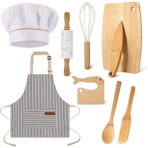 9 Pieces Wooden Kids Knife Toddler Knife Set Toddler Cutting Board and Knife Set for Real Cooking Kitchen Tools for Toddlers for Cutting Veggies Fruits Salad Cake