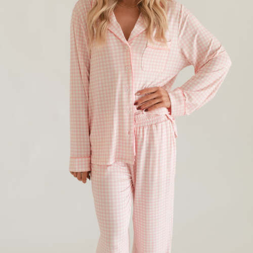 Women's Button Up Set In Pink Gingham