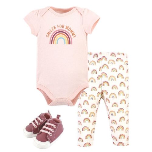 Hudson Baby Infant Girl Cotton Bodysuit, Pant and Shoe Set, Sunshine Rainbows
