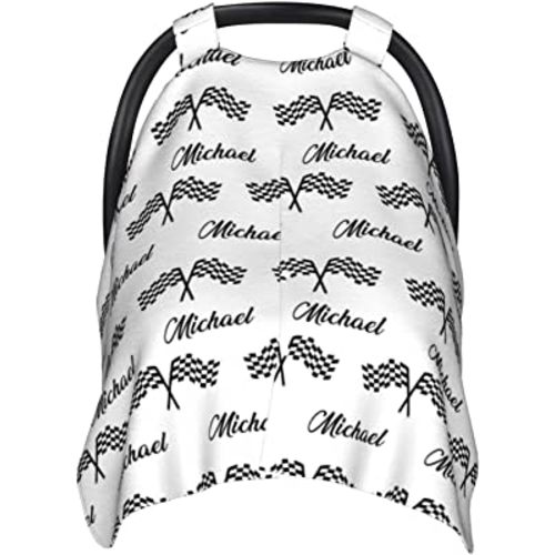 Personalized Racing and Race Flag Baby Car Seat Canopy for Babies with Name, Custom Car Seat Covers for Girls, Peekaboo Opening Minky Nursing Breastfeeding Cover Infant Car Seat Canopies for Newborn
