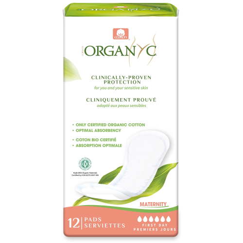 Organyc Hospital Postpartum Pads, 100% Certified Organic Cotton Inside and Out for Women, for First Days After Delivery, 12 Counts