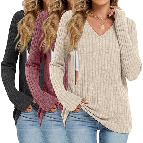 3 Pack Women's Maternity Nursing Tops, V Neck Breastfeeding Sweaters Long Sleeve Hidden Zipper Shirts