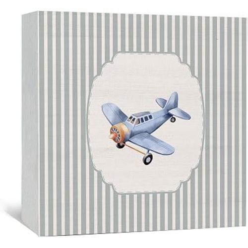 Vintage Airplane Nursery Wooden Box Signs, Kids Room Decor, Blue Striped Airplane Aircraft Wood Sign Home Decor for Kids Boys Toddler Room Bedroom Playroom Desk Table Shelf 5x5 Inch