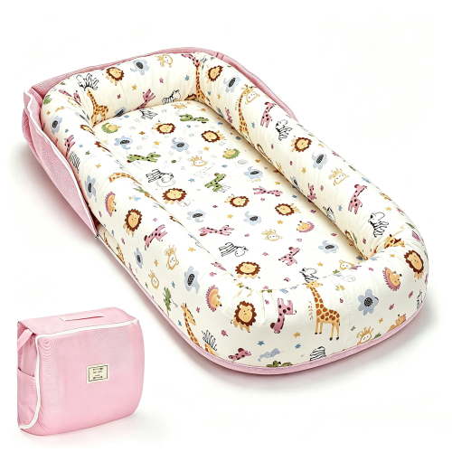 Loevin Baby Lounger for Newborn, Portable Breathable Infant Lounger for 0-24 Months Toddler, Adjustable Size Home Travel Dual-Purpose Baby Nest (Animal Pink)