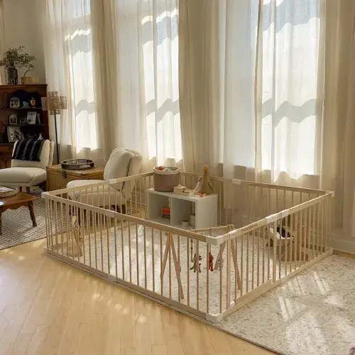 HARPPA Wooden Baby Gate Playpen | Non-Toxic Foldable DIY Adjustable Play Yard for Infants & Toddlers – Natural Finish Baby Fence for Small & Large Spaces